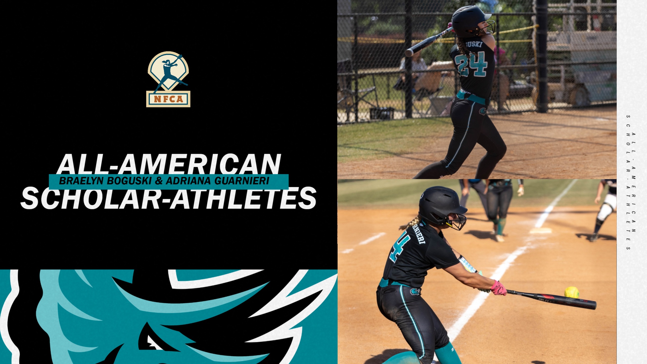 Graphic showing photos of the two Easton/NFCA All-American Scholar-Athletes, Braelyn Boguski and Adriana Guarnieri